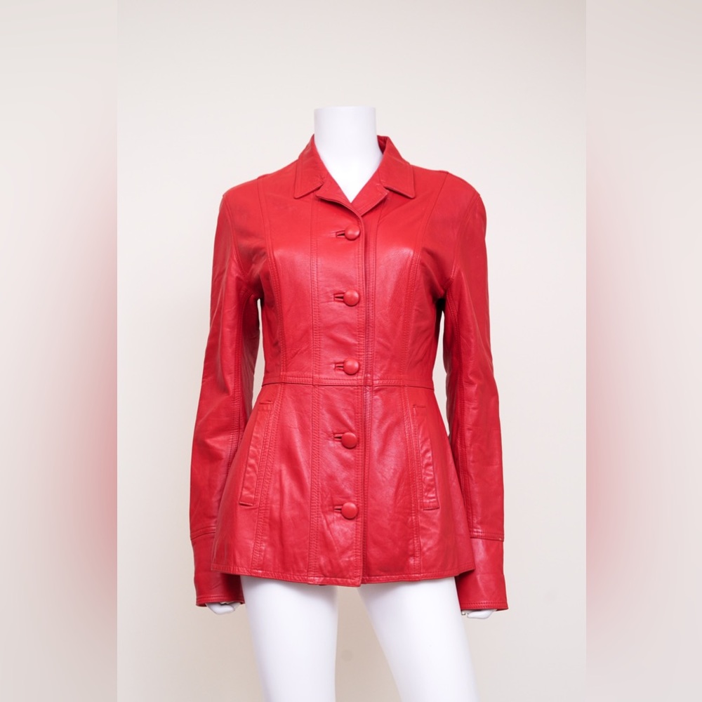 DKNY Women's Cherry Red Leather Button Front Jacket Small RARE VINTAGE